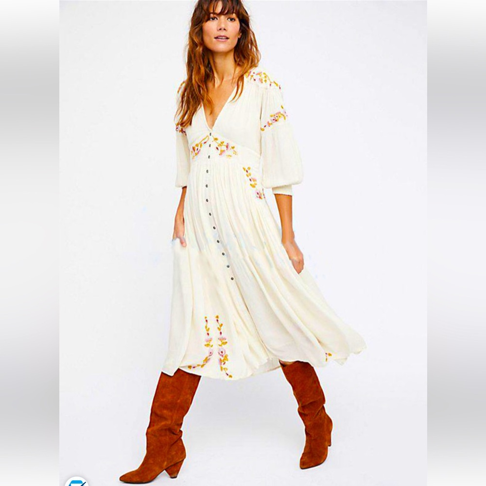 Free People Cream Midi Dress with Floral Embroidery